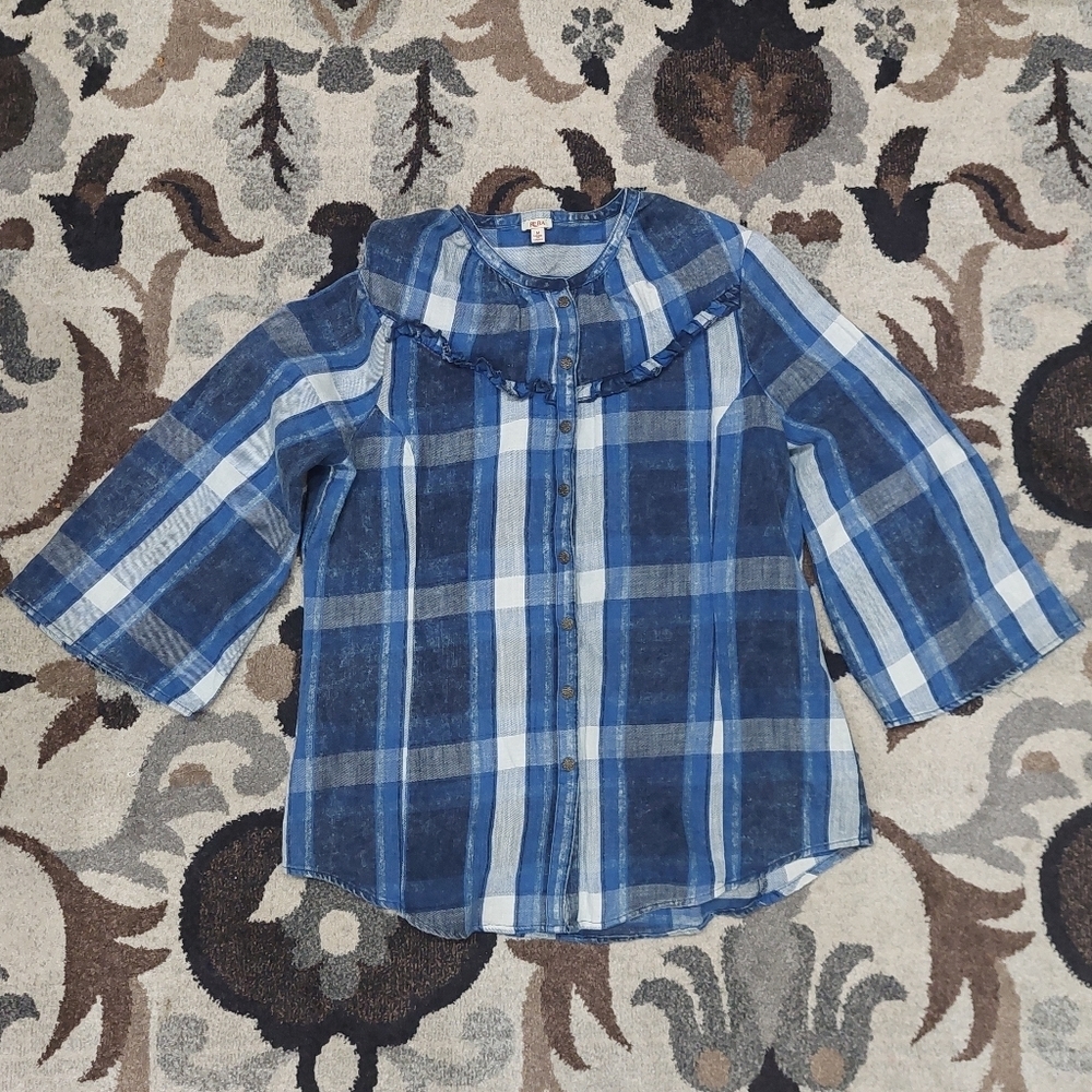 Reba Blue Flannel Blouse Sz M Snap Button Front 100% Cotton - Picture 9 of 12